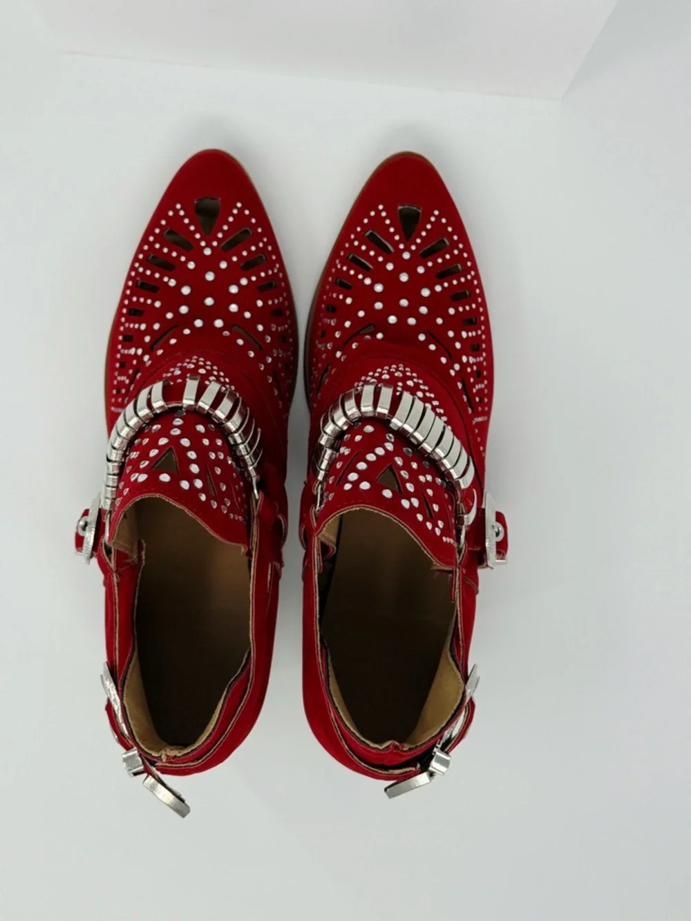 Red Rhinestone Western Ankle Boots Studded Cutout Buckle Booties Size 8 EU 39 - Picture 13 of 16